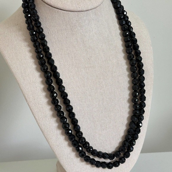 Antique Vintage Black Jet Faceted Bead Double Strand Long Statement Necklace 30" - Picture 10 of 12